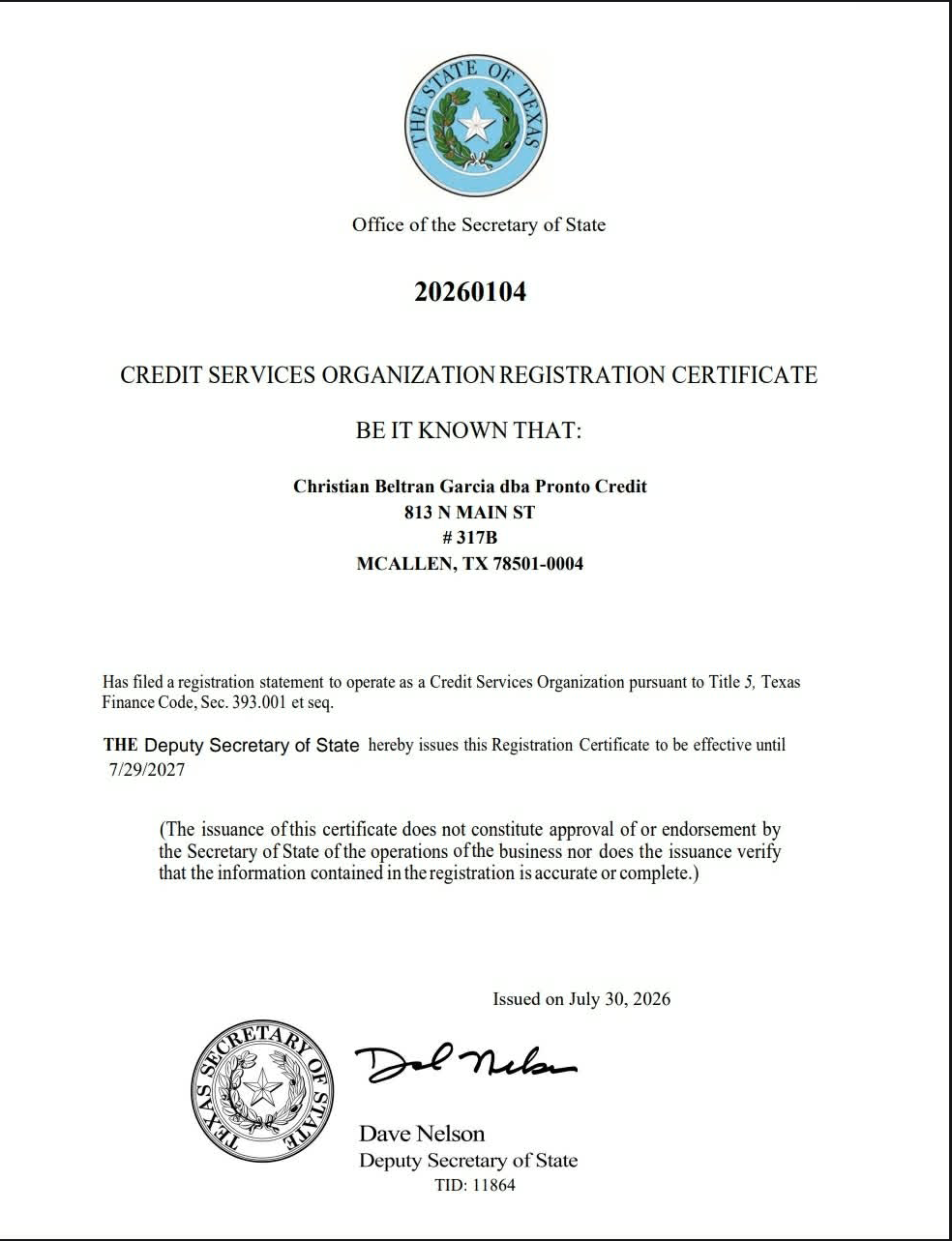 Certified Credit Consultant Board Certificate
